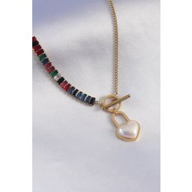 AlyaStore 316L Çelik Gold Renk 2'li Zirkon Taşlı Kilit Kalp Figür Kadın Kolye
