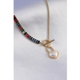 AlyaStore 316L Çelik Gold Renk 2'li Zirkon Taşlı Kilit Kalp Figür Kadın Kolye