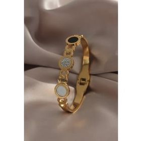 AlyaStore 316L Çelik Gold Renk Zirkon Taşlı Kadın Kelepçe Bileklik