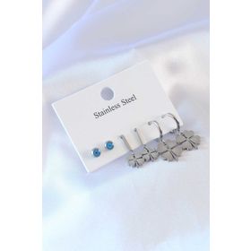 AlyaStore 316L Çelik Gümüş Renk Yonca Model Nazar Boncuk Detay Kadın Küpe Seti