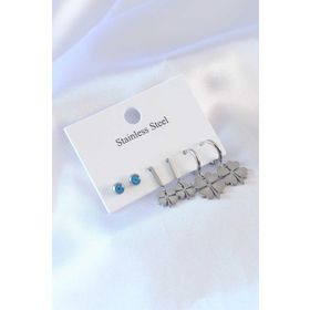 AlyaStore 316L Çelik Gümüş Renk Yonca Model Nazar Boncuk Detay Kadın Küpe Seti