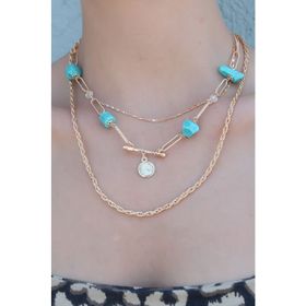 AlyaStore Gold Renk 3'lü Mavi Taşlı Kadın Kolye