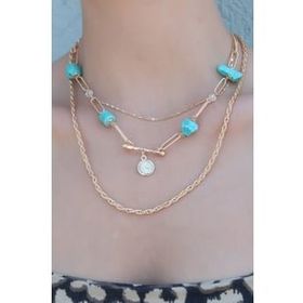 AlyaStore Gold Renk 3'lü Mavi Taşlı Kadın Kolye