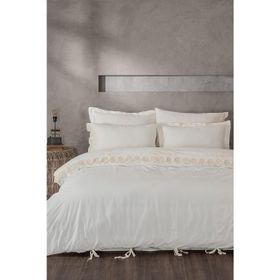 Amanda Battal Boy %100 Organik Pamuk Keten Dantelli Krem 240x220 cm Nevresim Takımı