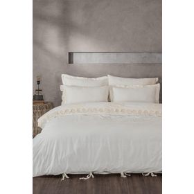 Amanda Çift Kişilik %100 Organik Pamuk Keten Dantelli Krem 200x220 cm Nevresim Takımı