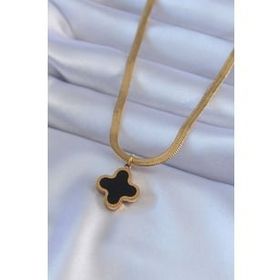 Amazeus 316L Çelik Gold Renk İtalyan Zincir Model Siyah Çiçek Figür Kadın Kolye