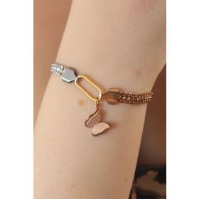 Amazeus 316L Çelik Gold Renk Mix Renk Hasır Zincir Model Simli Kelebek Figür Kadın Bileklik