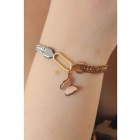 Amazeus 316L Çelik Gold Renk Mix Renk Hasır Zincir Model Simli Kelebek Figür Kadın Bileklik