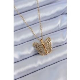 Amazeus 316L Çelik Gold Renk Zirkon Taşlı Kelebek Model Kadın Kolye