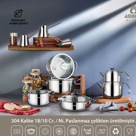 Amboss 14 Parça Cool Gri Paslanmaz Çelik Cam kapaklı Çeyiz Seti