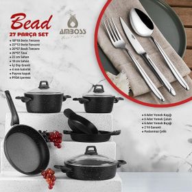 Amboss Bead 27 Parça Döküm Granit Tencere ve Paslanmaz Çelik Çatal Bıçak Kaşık Takımı