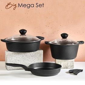 Amboss Big Mega 6 Parça Cam Kapaklı Büyük Boy Granit Döküm Tencere Seti