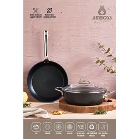 Amboss Dark 3 Parça Yanmaz Yapışmaz Titanyum Kaplama Kapaklı 24 cm Tencere Tava Seti