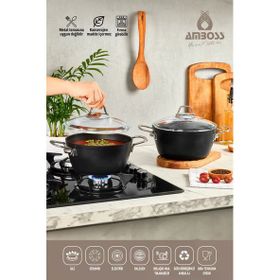 Amboss Dark Cam Kapaklı 24 cm Derin Titanyum Kaplama Granit Tencere