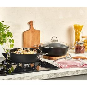 Amboss Dark Granit Cam Kapaklı Yanmaz Yapışmaz Titanyum Kaplama 24 cm Basık Tencere