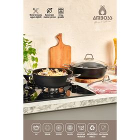 Amboss Dark Granit Cam Kapaklı Yanmaz Yapışmaz Titanyum Kaplama 24 cm Basık Tencere