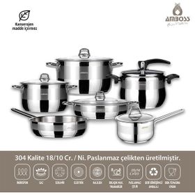 Amboss MER-2835 Merkür 11 Parça Tüm Ocaklara Uyumlu Paslanmaz Çelik Tencere Tava Sütlük Düdüklü Tencere Seti
