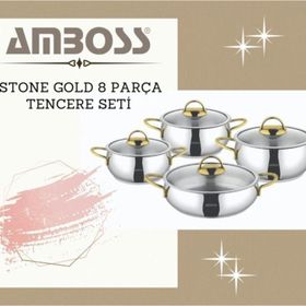 Amboss Stone 8 Parça Cam Kapaklı Paslanmaz Çelik Gold Tencere Seti