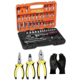 Anadolu Strong 1/4 Cırcırlı 53 Parça Lokma Anahtar Takımı Bits Uç Seti Yan Keski+Pense+Kargaburnu 180 mm Eldiven Tam Set