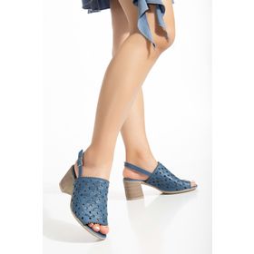 Analin Shoes 2751 Kot Mavi Hakiki Deri Örgülü Lazerli Topuklu Kadın Sandalet