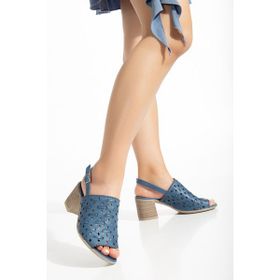 Analin Shoes 2751 Kot Mavi Hakiki Deri Örgülü Lazerli Topuklu Kadın Sandalet