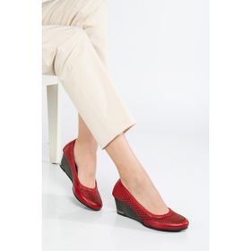 Analin Shoes Deri Lazerli Kırmızı Kadın Dolgu Topuklu Ayakkabı