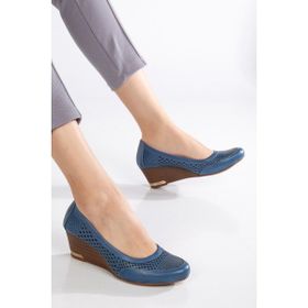 Analin Shoes Deri Lazerli Kot Mavi Kadın Dolgu Topuklu Ayakkabı