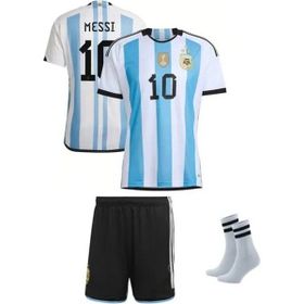 Andream Arjantin 2023/2024 Sezon Messi Dünya Kupası 3 Yıldız Futbol Mavi Beyaz 3'lü Çocuk Forması