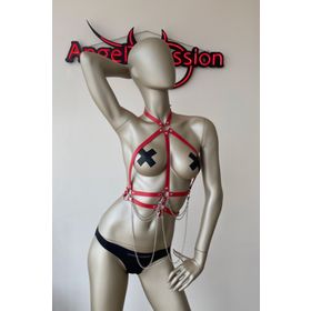 Angels Passion Kırmızı ve Zincir Detaylı Şık Deri Harness