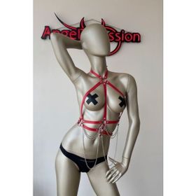 Angels Passion Kırmızı ve Zincir Detaylı Şık Deri Harness