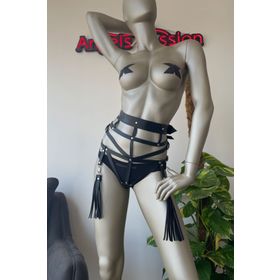 Angels Passion Püskül Detaylı Siyah Deri Fantazi Külot Harness