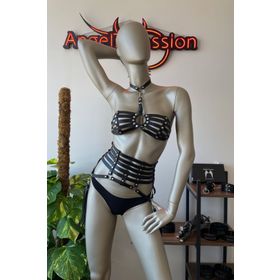 Angels Passion Püskül Detaylı Siyah Deri Korse Sütyen Harness Takım