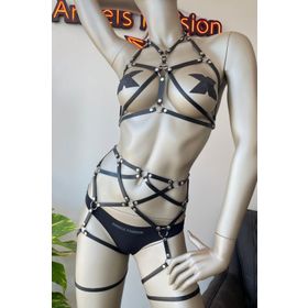 Angels Passion Siyah Deri Jartiyer ve Büstiyer Harness