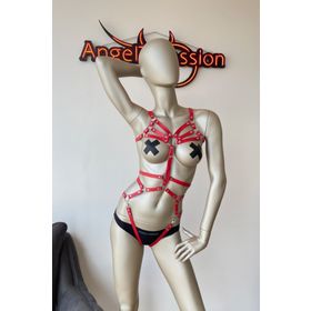 Angels Passion Vücudu Saran Kırmızı Deri Harness Fantazi Giyim