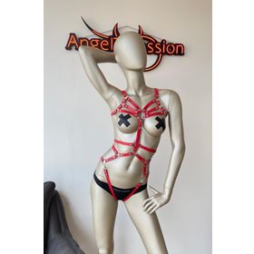 Angels Passion Vücudu Saran Kırmızı Deri Harness Fantazi Giyim