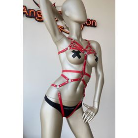 Angels Passion Vücudu Saran Kırmızı Deri Harness Fantazi Giyim