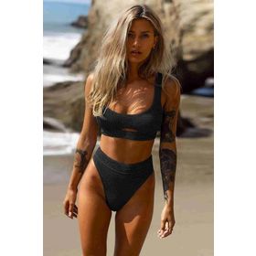 Angelsin Kadın Göğüs Dekolteli Siyah Bikini Takım
