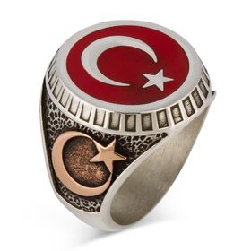 Anı Yüzük Ay Yıldız Ve Osmanlı Armalı Türk Bayrağı Kırmızı 925 Ayar Gümüş Erkek Yüzük