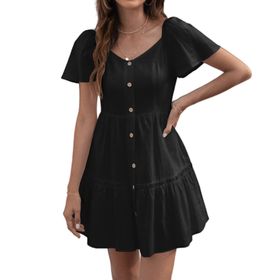 Aobiono Kısa Kollu Düğmeli V Yaka Mini Fırfırlı Çiçekli Siyah 2XL Kadın Elbise