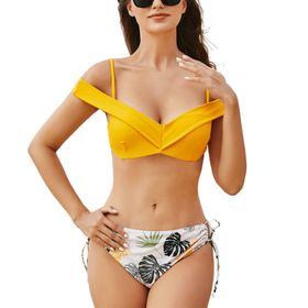 Aobiono Omzu Açık Bandeau Tanga Sarı S Kadın Bikini Takımı