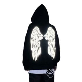 Aobiono Y2K Büyük Melek Kanatları Yansıtıcı Emo Alt Grunge Harajuku Gotik Fermuarlı Siyah Erkek Ceket