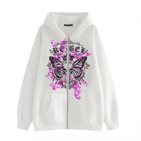 Aobiono Y2K İskelet Kafatası Kelebek Zip Up Harajuku Grunge Emo Academia Beyaz Unisex Hoodie