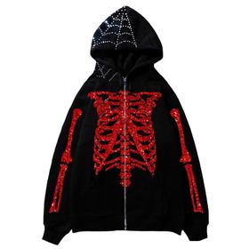 Aobiono Y2K İskelet Kapüşonlu Örümcek Ağı Harajuku Dark Academia Kırmızı Unisex Hoodie
