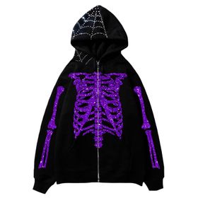 Aobiono Y2K İskelet Kapüşonlu Örümcek Ağı Harajuku Dark Academia Mor Unisex Hoodie
