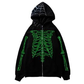 Aobiono Y2K İskelet Kapüşonlu Örümcek Ağı Harajuku Dark Academia Yeşil Unisex Hoodie