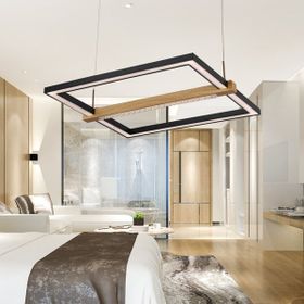 Apliqa April Siyah Kare 58 Watt Ahşap Desenli Modern Salon Led Sarkıt Avize
