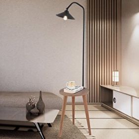 Apliqa Clifferd Siyah Başlıklı Ahşap Sehpalı Modern Ayaklı Abajur Lamba Ahşap Lambader