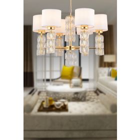 Apliqa Darell 6'lı Beyaz Şapkalı Gold Kristalli Taşlı Modern Tasarım Kristal Salon Avize