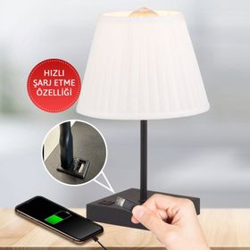 Apliqa Edel USB Girişli Hızlı Telefon Şarj Edilebilir Beyaz Şapkalı Siyah Masa Lambası Abajur