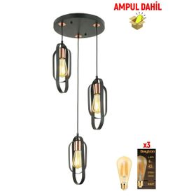 Apliqa Koza 3'lü Bakır Eskitme Led Ampul Dahil Avize